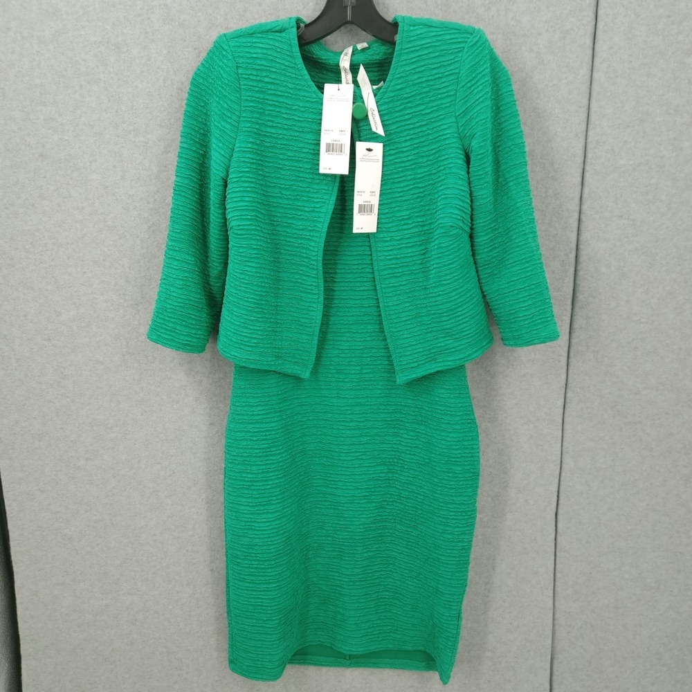 NY Collection Textured 3/4 Sleeve Knee High 2 Piece Green Dress Set Women 4P NWT